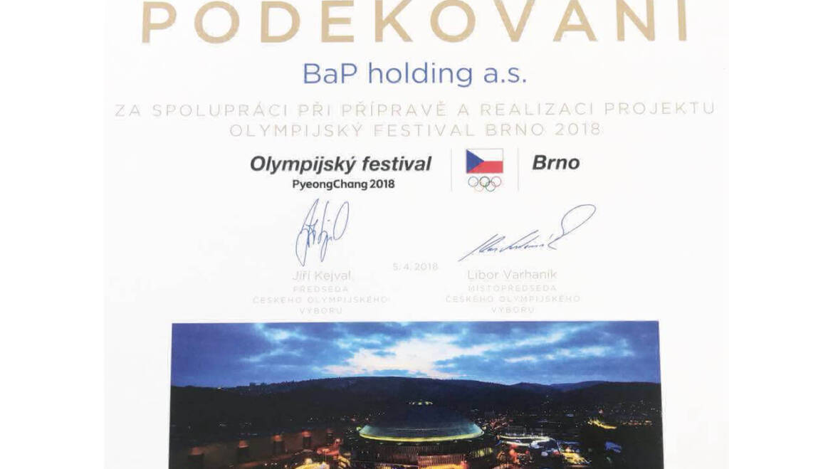 Poděkování za realizaci Olympijského festivalu 2018 v Brně